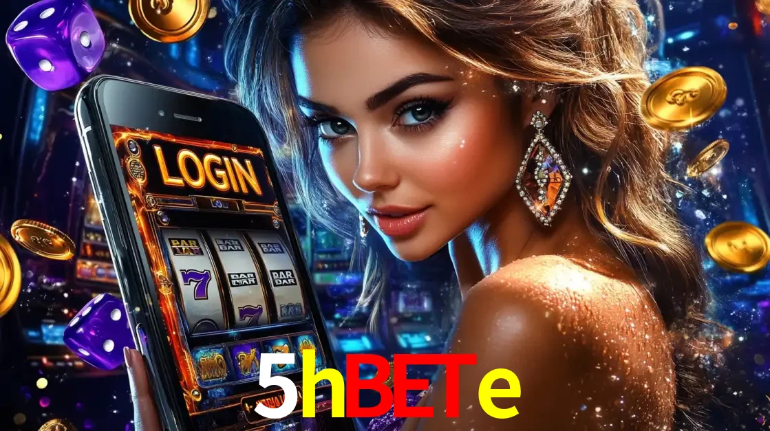Mulher glamorosa segurando um smartphone com a tela de login para os jogos de caça-níqueis do cassino online 5hbete, com moedas de ouro e dados ao redor.