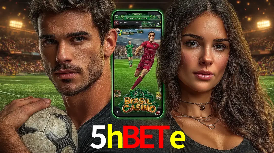 Homem segurando uma bola de futebol e uma mulher ao lado de um smartphone exibindo o jogo de apostas esportivas da 5hbete. Faça seu palpite no cassino online.